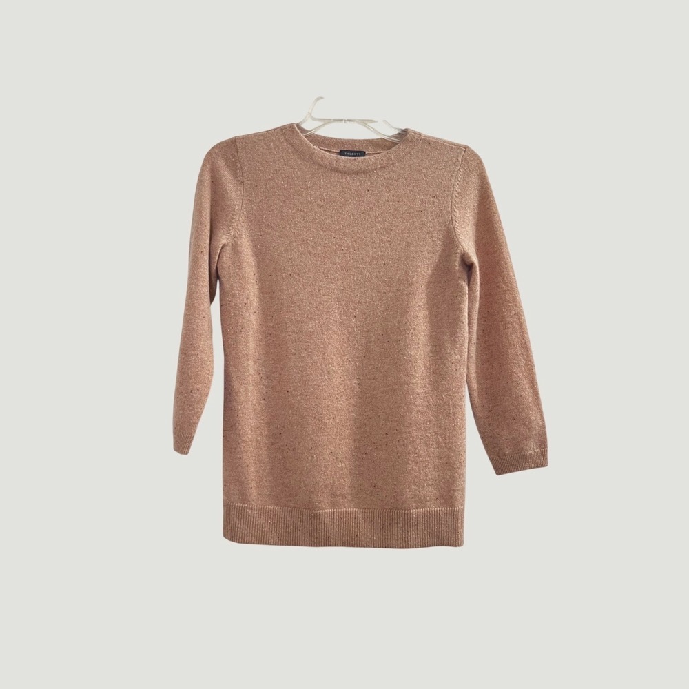 Talbots Audrey 100% Cashmere Sweater XS Camel Tan 3/4 Sleeve Crewneck EUC
